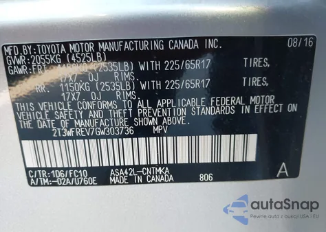 2016 Toyota Rav4 Xle z USA, uszkodzony, nr VIN 2T3WFREV7GW303736